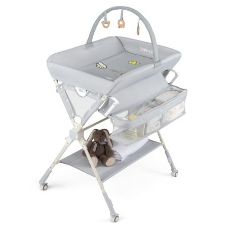 Fasciatoio pieghevole grigio con cesti trasparenti e struttura stabile, ideale per organizzare accessori e facilitare.