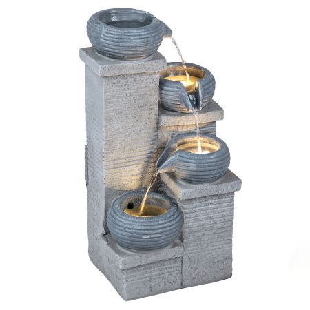 Fontana da giardino a cascata con 4 livelli in resina, dotata di luci LED e pompa silenziosa per un'atmosfera serena.