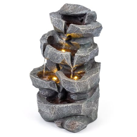 Fontana da giardino a 5 livelli in resina con effetto pietra, luci calde e flusso d'acqua regolabile per esterni.