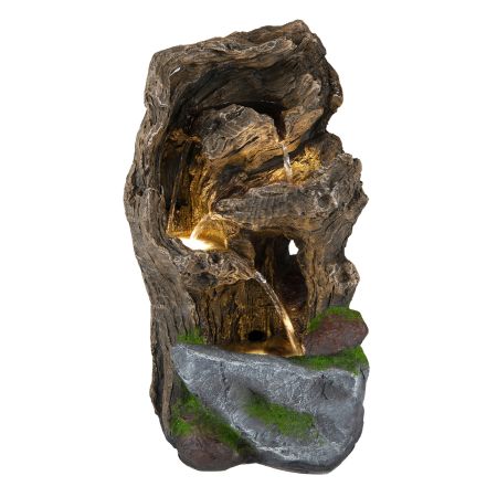 Fontana da giardino a cascata in stile roccia con illuminazione LED, muschio artificiale e design a più livelli per esterni.