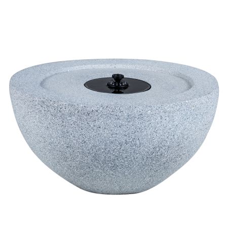 Fontana solare da giardino con grande vasca in grigio, dotata di 12 luci LED e 4 ugelli sostituibili per effetti d'acqua.