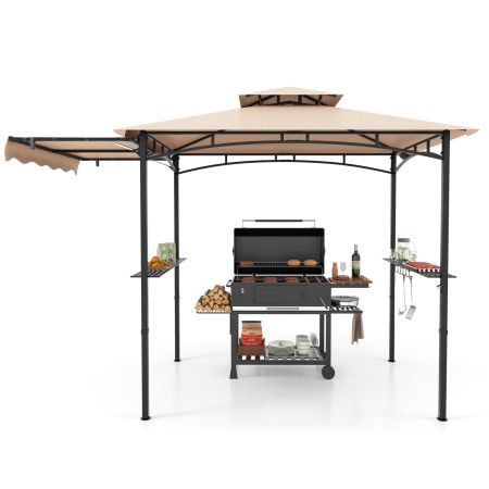Gazebo per barbecue beige con tetto a due livelli e tendalino laterale, dotato di 2 ripiani e ganci per riporre accessori.