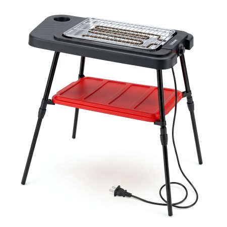 Griglia elettrica 2 in 1 da 2000W con piano appoggio rosso, perfetta per barbecue veloci e senza fumo in giardino o campeggio.