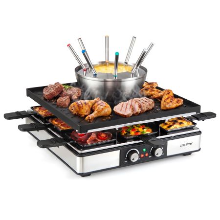Griglia per raclette e fonduta 3 in 1 con piastra antiaderente, 8 padelline e doppio termostato, ideale per 8 persone.