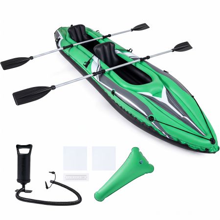Kayak gonfiabile a 2 posti in PVC con sedili, pagaie, pompa e kit di riparazione, ideale per pesca su laghi e mari.
