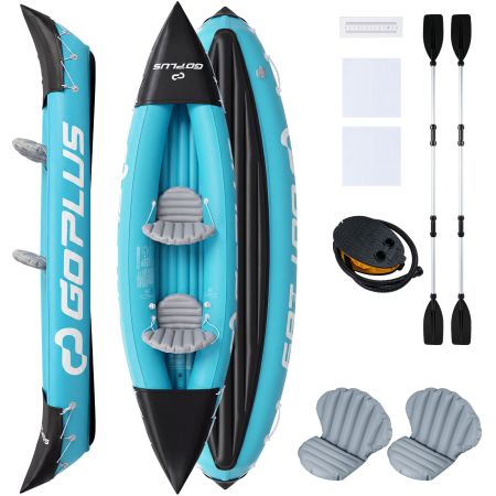 Kayak gonfiabile a 2 posti in PVC con sedili imbottiti, pagaie in alluminio e pompa a pedale, ideale per la pesca.