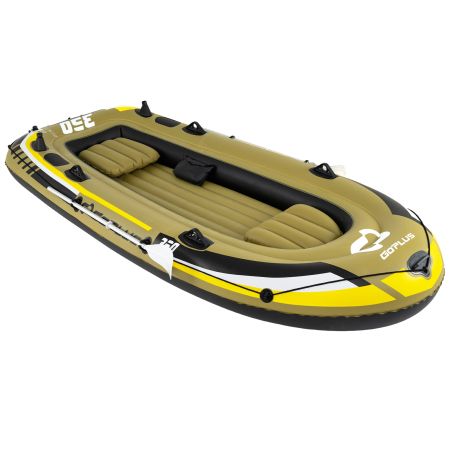 Kayak gonfiabile per 3 persone, con struttura resistente in PVC, ideale per la pesca in laghi e corsi d'acqua tranquilli.