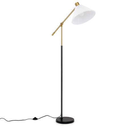 Lampada da terra con paralume in tessuto, struttura in ferro, altezza e angolo regolabili, ideale per soggiorno e studio.