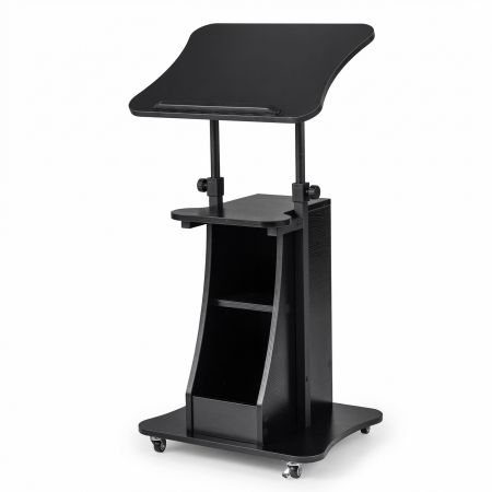 Leggio in legno regolabile da 72 a 112 cm con piano inclinabile e due scomparti, ideale per ufficio e aula.