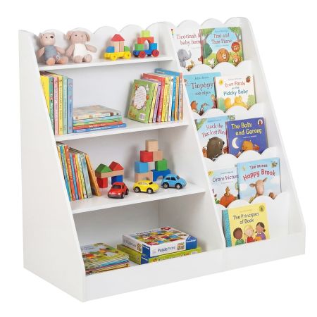 Libreria montessoriana bianca in legno con 9 scomparti e ripiano nascosto, ideale per organizzare libri e giocattoli.