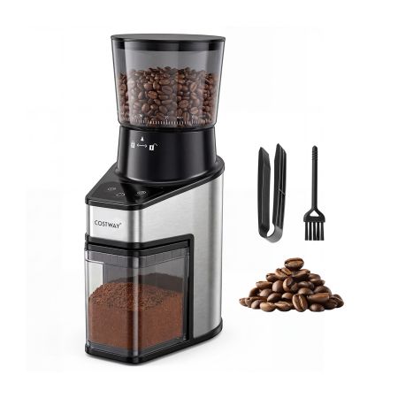 Macinacaffè elettrico con 60 livelli di macinatura, timer e design compatto, ideale per casa e ufficio.