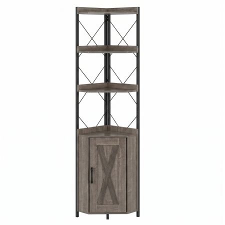 Mensola ad angolo marrone rustico e nero con 5 ripiani, armadietto chiuso e design moderno per ottimizzare gli spazi.