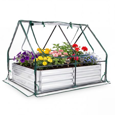 Orto rialzato con serra in metallo zincato, 127 x 97 x 93 cm, ideale per fiori e ortaggi in giardino o terrazzo.
