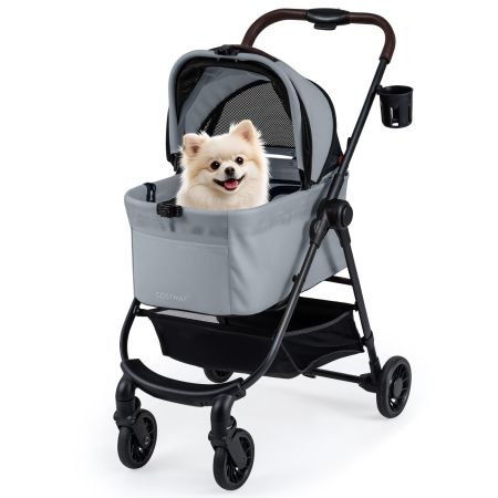 Passeggino 3-in-1 per animali domestici grigio con portaprotetto, ruote ammortizzate e cesto sottostante per comodità.