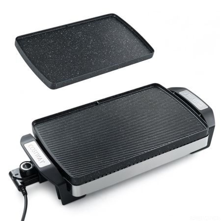 Piastra elettrica 1500 W con griglia antiaderente doppia faccia, ideale per cucinare bistecche e frittelle facilmente.