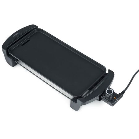 Piastra elettrica da tavolo con rivestimento antiaderente e temperatura regolabile, ideale per barbecue e campeggio.