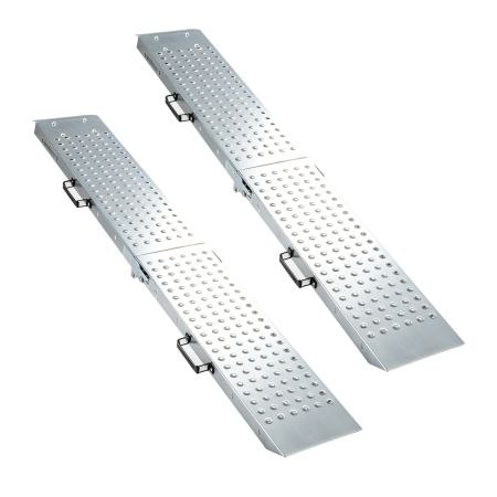 Rampa di carico pieghevole in metallo con superficie antiscivolo, portata 400 kg, ideale per trasporto di veicoli.