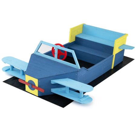Sabbiera per bambini a forma di aliante in legno, con volante e elica, ideale per giochi all'aperto e socializzazione.