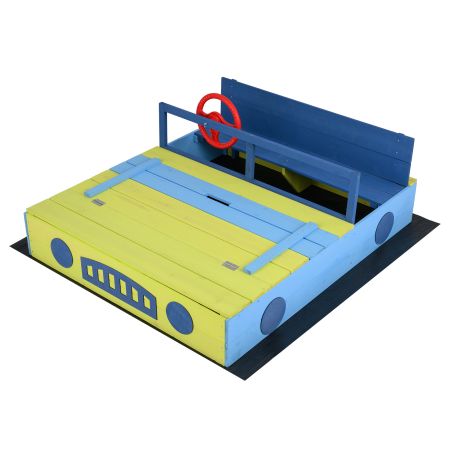 Sabbiera per bambini in legno di abete a forma di macchina con volante rotante, ideale per il gioco all'aperto.