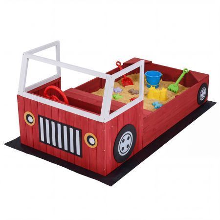 Sabbiera per bambini in legno massello a forma di autopompa, con panca e sedile, ideale per giochi all'aperto.
