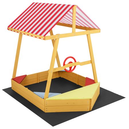 Sabbiera per bambini in legno massello a forma di barca con tetto parasole, ideale per esterni, giardini e cortili.