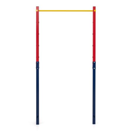 Barra per trazioni regolabile in altezza da 80 a 172 cm, realizzata in acciaio rosso per allenamenti all'aperto.