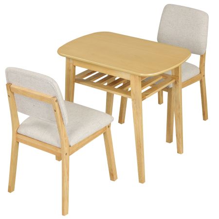 Set tavolo in legno con 2 sedie imbottite, ampio piano e portabottiglie, ideale per sala da pranzo e soggiorno.