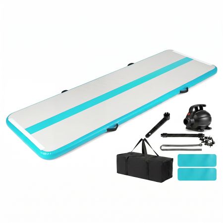 Tappetino gonfiabile per ginnastica in PVC verde, completo di pompa ad aria e borsa per il trasporto, ideale per yoga e danza.