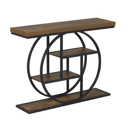 Tavolo consolle ingresso a 4 ripiani con anello decorativo, Tavolino console in legno e metallo Marrone