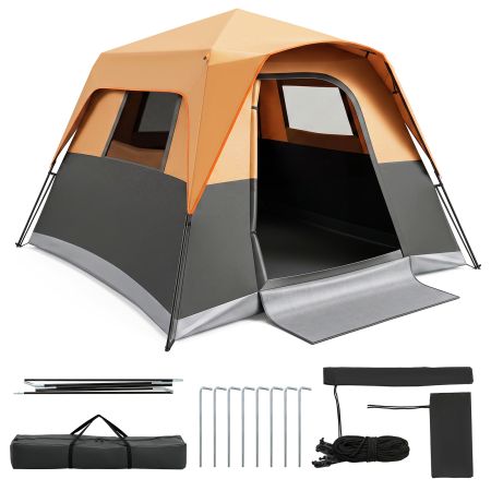 Tenda da campeggio per 5-6 persone con tettoia rimovibile, realizzata in poliestere resistente, ideale per attività all'aperto.