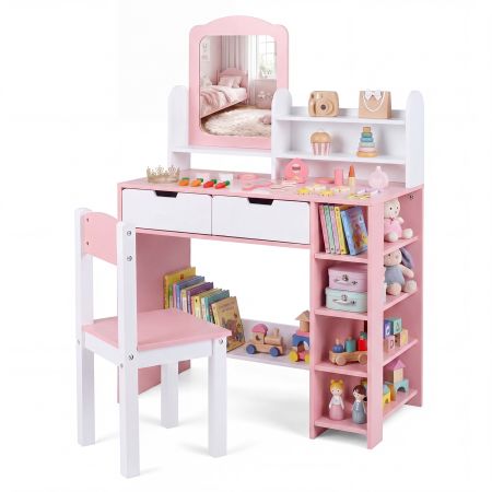 Tavolo da trucco per bambini in rosa e bianco con specchio, cassetti e scaffali, ideale per gioco e studio.