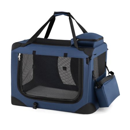 Trasportino per cani e gatti in tessuto oxford blu con rete traspirante, cuscino morbido e tasche portaoggetti.