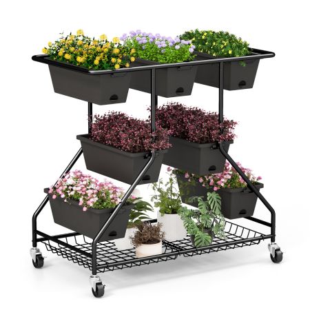 Letto da giardino verticale sollevato con 7 vasi, Portavasi verticale a 3 livelli con cestini portaoggetti fori Nero