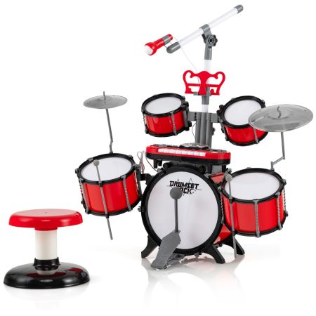 Costway Batteria per bambini 3+ anni con sgabello microfono leggio tastiera, Batteria jazz per bambini Rossa