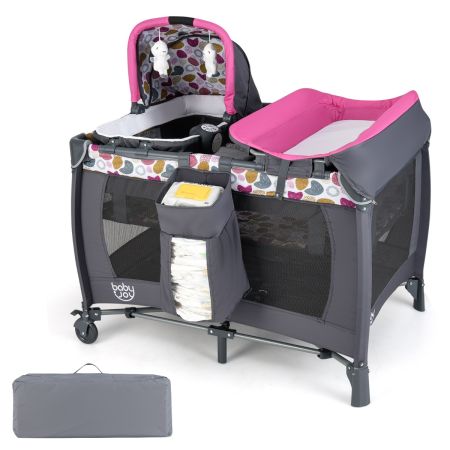 Box portatile per bambini con culla a dondolo e fasciatoio, Lettino pieghevole pack per neonati e bambini fino a 3 anni Rosa scuro