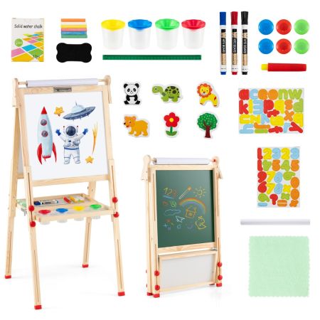 Cavalletto per bambini su due lati Cavalletto in legno Lavagna Lavagna Lavagna in legno Art Cavalletto regolabile in altezza con rullo di carta Numeri magnetici Alfabeto Accessori per animali