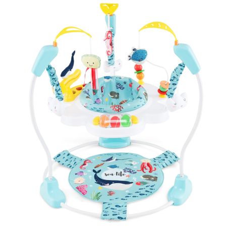 Centro attività per neonati con giocattoli interattivi vassoio musicale, Trottola per bambini regolabile in altezza Azzurro
