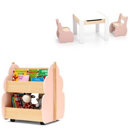 Tavolo sedie ragazzi lavagna rimovibile e scaffale bambini legno 2 livelli, Set tavolo sedie bambini e libreria legno bambini