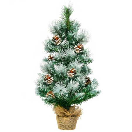 Albero di Natale artificiale innevato 60 cm con base stabile in cemento e lino per scrivania e libreria
