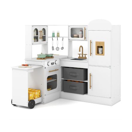 Cucina ad angolo in legno, fornelli microonde e forno, set gioco di finzione con cestini in tessuto