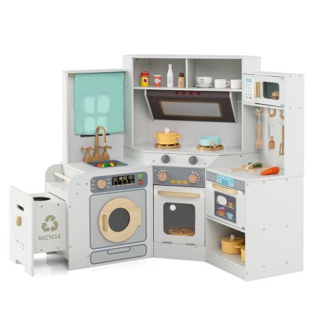 Cucina ad angolo set giocattoli cucina, bidone spazzatura e tenda cappa per bambini
