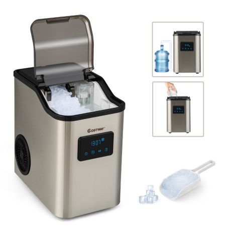 Fabbricatore di ghiaccio con 2 modi di ricarica dell'acqua finitura in acciaio inox, Macchina di ghiaccio Argento