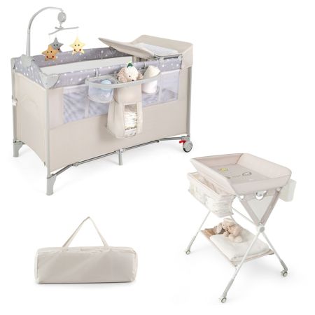 Lettino per bambini con materasso fasciatoio carillon e 3 giocattoli appesi, Box multiuso 5 in 1 Grigio