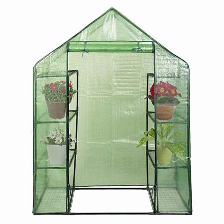 Serra da giardino a 4 livelli in PE per piante fiori ed erbe con scaffali e tetto spiovente 143x73x195cm