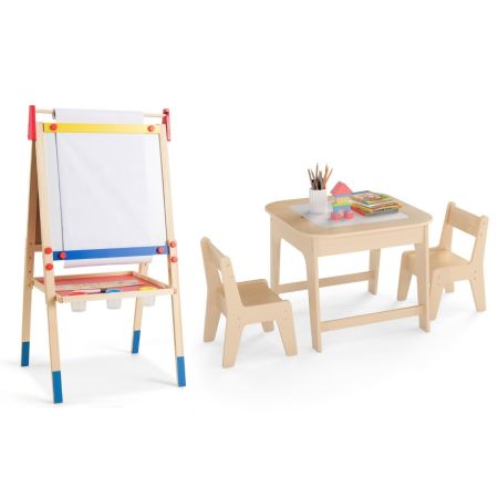 Set tavolo e sedie per bambini e cavalletto per bambini 3 in 1, Tavolino bambini con sedie e lavagna e lavagna bianca