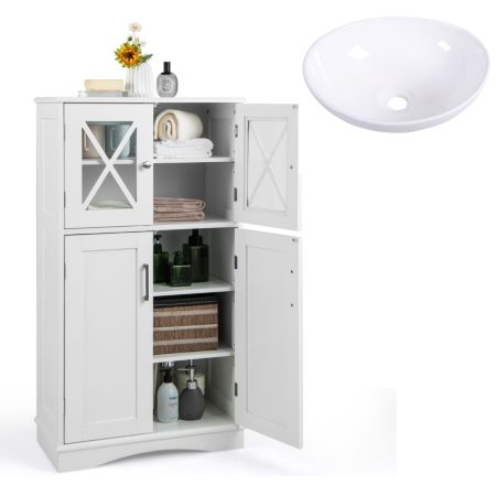 Lavabo ovale in ceramica e mobiletto portaoggetti da bagno, Lavandino di forma ovale e mobiletto da pavimento per bagno