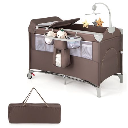Lettino per bambini con materasso fasciatoio carillon e 3 giocattoli appesi, Box multiuso 5 in 1