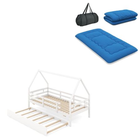 Letto sicurezza bambini estraibile e materasso futon portatile, Letto casa estraibile e materasso futon blu 90cm
