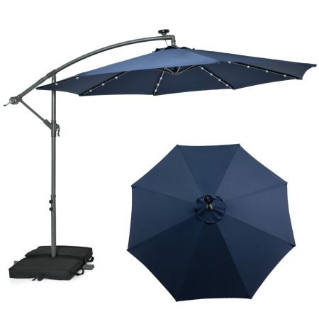 COSTWAY Ombrellone Da Giardino Decentrato Con Luci LED Solari E Manovella - Diametro 303 Cm, Blu Marino - 2