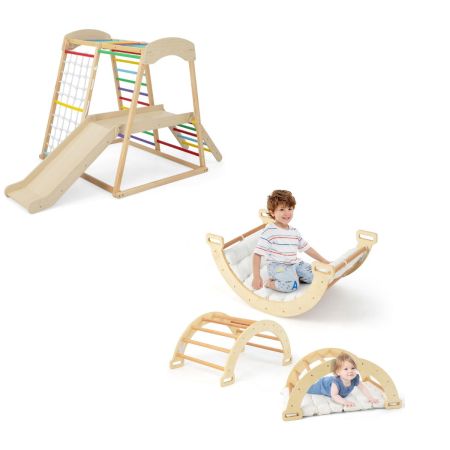 Woodandhearts Ponte gigante Scala svedese, scivolo per bambini, scivolo per bambini da casa interno, arrampicata per bambini, palestrina montessori (Bianco + legno naturale corda con sedile rotondo